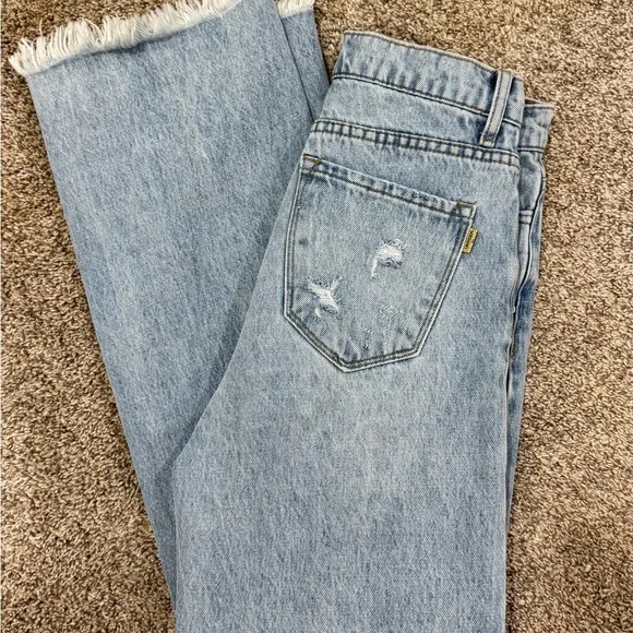 Vibrant Light Blue Distressed Wide-Leg Jeans - Picture 3 of 4